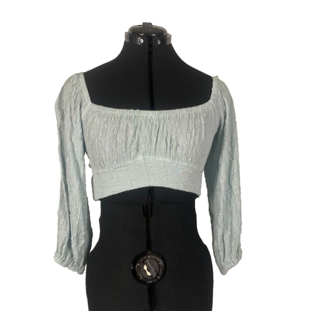 XS S surf gypsy light blue stretchy crop top long puff sleeve tie in the back